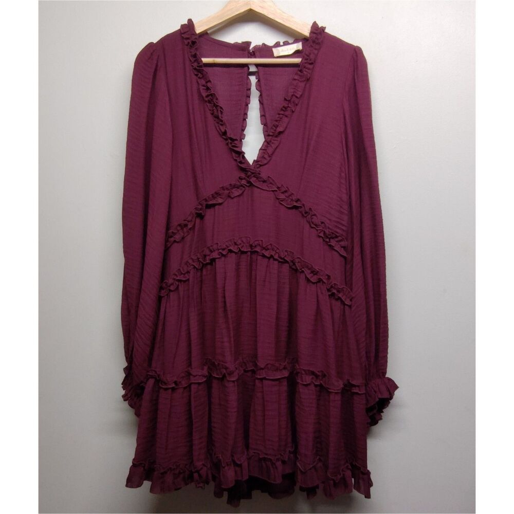 Altar'd State Karny Mini Dress Women L Maroon Ruffle Long Sleeve Dark Romantic